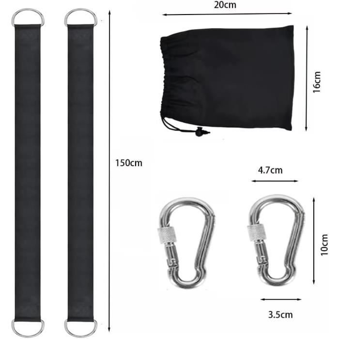 Fixation Balançoire Hamac - 2 Sangles Robustes Nylon Avec Mousquetons Lourds Et Anneaux En D, Charge 200 Kg, Installation Facile