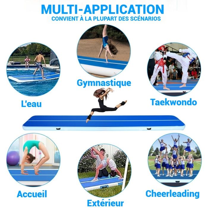 Tapis De Gymnastique Gonflable KM-Fit Airtrack – 4m X 1m X 10cm – Bleu – Pompe électrique Incluse