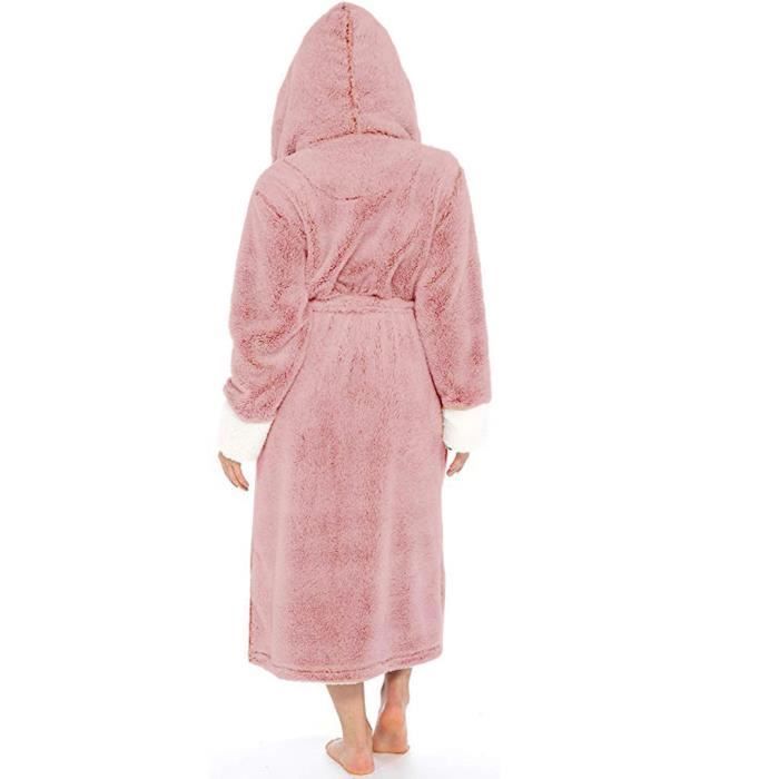 Peignoir de bain femme en flanelle rose avec capuche et poches