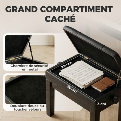 Tabouret Piano Avec Rangement - Hévéa Noir | Hauteur Réglable 46-56cm