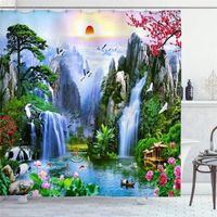 Rideau de douche Paysage naturel cascades lac montagnes anneaux inclus 3D effect imperméable 180 x 200 cm
