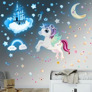 Sticker phosphorescent lumineux - LICORNE ENVOLÉ + 110 ÉTOILES -  Autocollant mural plafond enfant fluorescent - 120x90cm