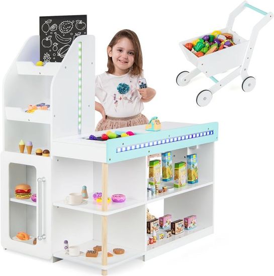 GOPLUS Supermarché Enfant – Caisse Enregistreuse Avec Tapis Roulant, Chariot, 39 Accessoires, LED Changeantes, Stand En Bois, Dès 3 Ans