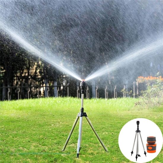 Arroseur Rotatif 360° Sur Trépied Réglable – Arrosage Jardin Pelouse Jusqu’à 24 M, Acier Inox + Zinc, Hauteur 45-89 Cm