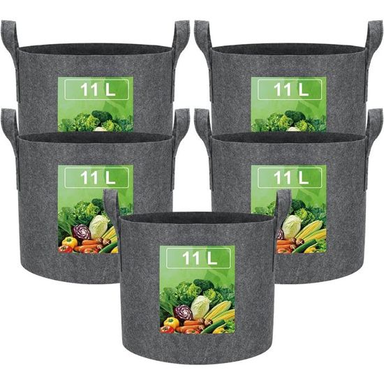 Lot De 5 Sacs De Plantation En Tissu 11L - Réutilisables, Respirants, Avec Poignées - Pour Tomates, Pommes De Terre, Légumes, Fleurs - 6
