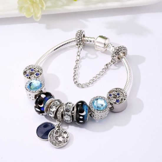 18CM Charms Bracelet Pandora Style Bracelet à breloques en verre étoilé bleu bijoux Femme CZ Trèfle Charms Femme