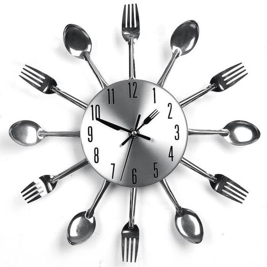 12.2" Argent Maison Décoration Coutellerie Cuisine Ustensile Cuillère Fourche Horloge Murale - Acier inoxydable