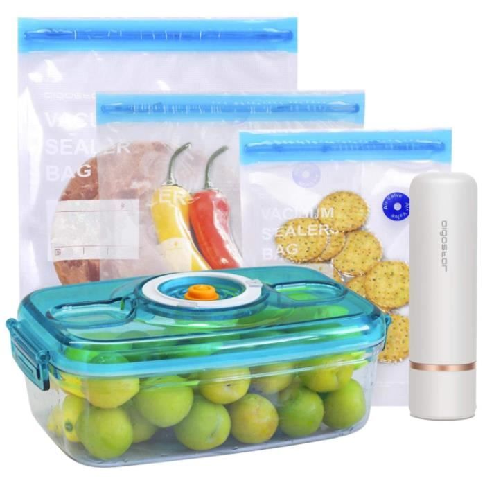 Aigostar Fresh - Pack mise sous vide: mini pompe scelleuse sans fil, sacs sous vide et récipient à vide. Charge USB.