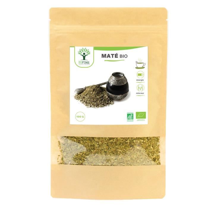 Maté - Bioptimal - Infusion Bio - Maté Yerba - Energisant - Minceur - Conditionné en France - Certification Ecocert - 100g