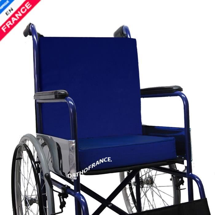 Coussin anti escarres et coussin dos en mousse à mémoire de forme 35kg Housse 100% coton bleu Orthofrance ®.