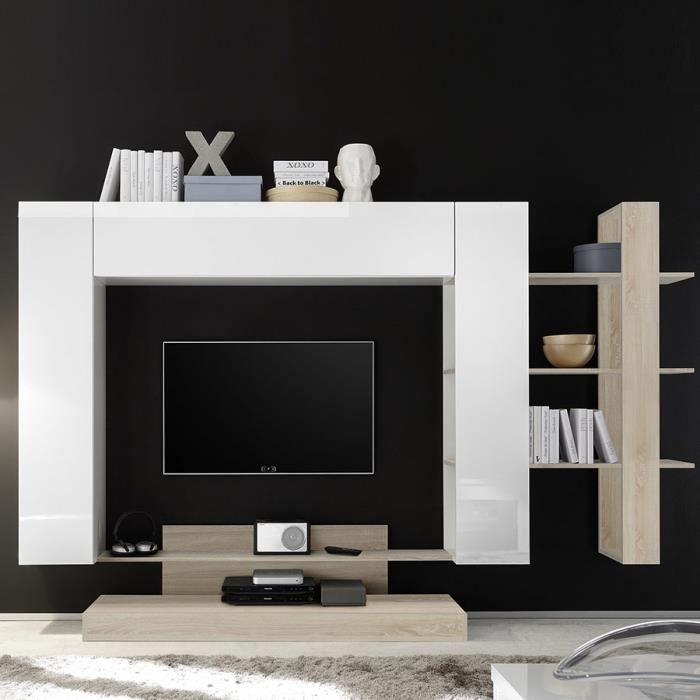 Grand meuble TV blanc laqué et couleur chêne clair BALBINA Blanc L 258 x P 42 x H 165 cm