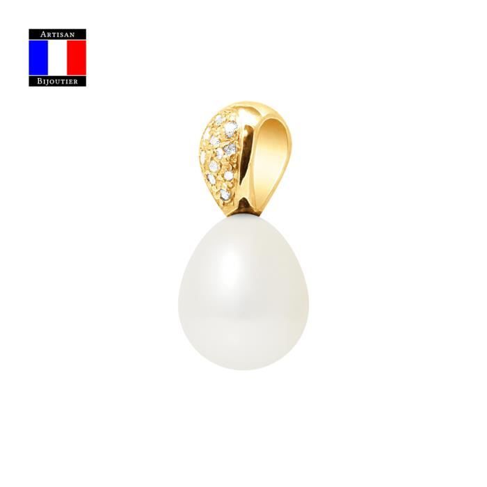 Compagnie Générale des Perles - Pendentif Diamants 0,10 Cts Véritable Perle de Culture 9-10 mm - Or Jaune 18 Carats - Bijou Femme