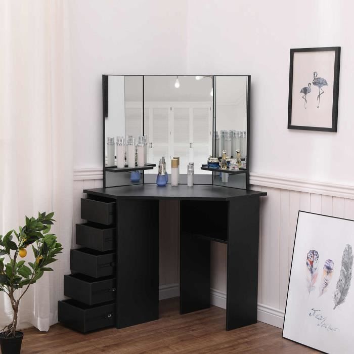 Coiffeuse Table de Maquillage avec 3 Miroirs et 5 Tiroirs à gauche, Grande Coiffeuse d'angle, Moderne, Noir, avec Tabouret-Mondeer