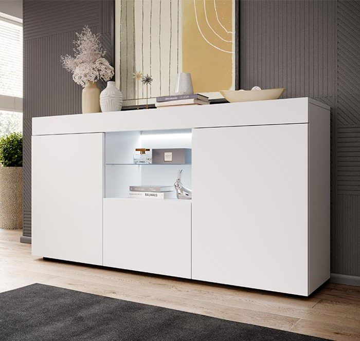 Buffet bas - DESIGN AMEUBLEMENT - Sefora - 3 portes - Blanc Mat - Étagère verre LED Buffet bas - DESIGN AMEUBLEMENT - Sefora - 3 portes - Blanc Mat - Étagère verre LED