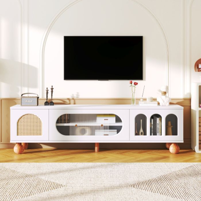 Meuble TV moderne 170cm avec portes en rotin portes coulissantes en verre trois zones ouvertes en arc blanc