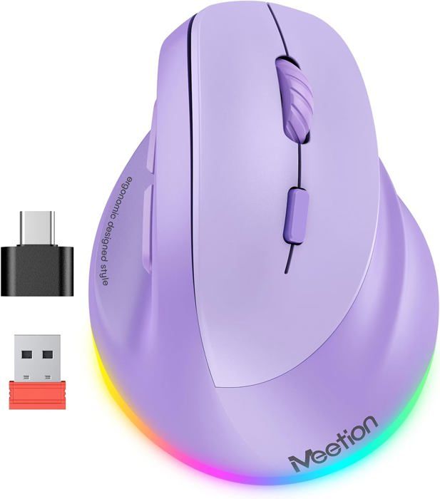 Souris Ergonomique Verticale Sans Fil RGB Rechargeable Compatible Bluetooth (52 + 30) et USB-A avec Adaptateur USB-C Violet