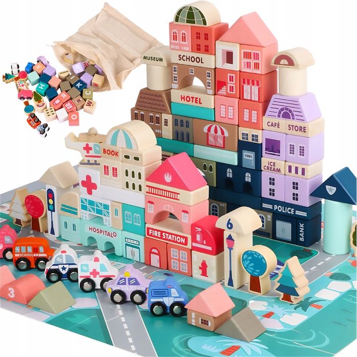 Blocs en bois Ville et routes 115 pièces avec tapis véhicules et accessoires (KP8464)