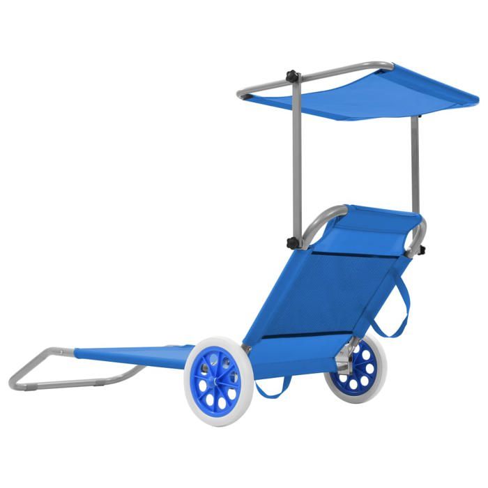 Chaise longue Anti-intempéries Bain de soleil VIDAXL desgin pliable avec auvent et roues Acier Bleu(1272)