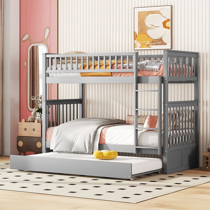 lits triples SEYAKANY 90 x 200cm Lits superposés lits pour enfants avec lit gigogne garde-corps hauts escaliers stables gris