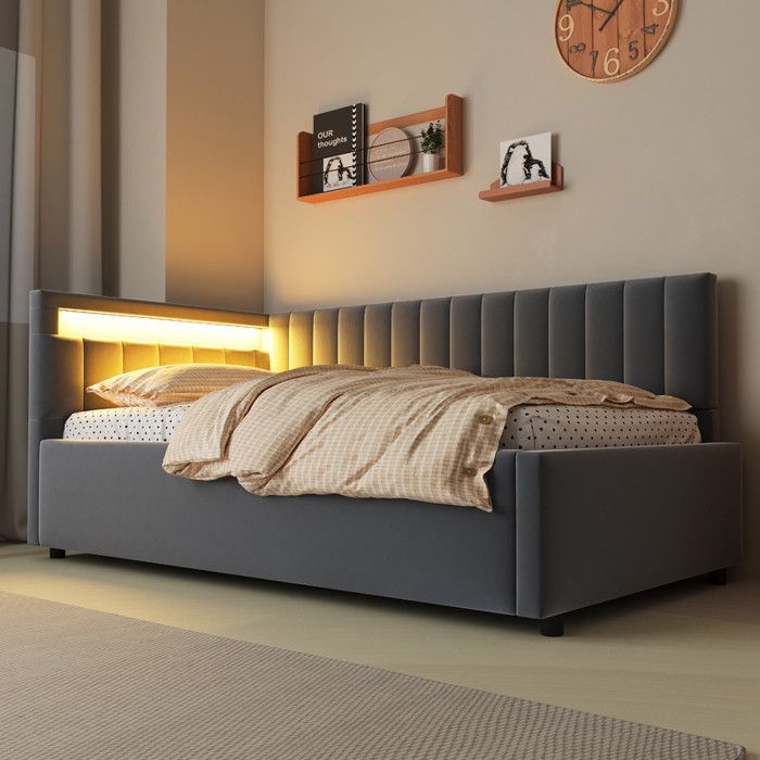 Canapé-Lit Rembourré 90 x 200 cm avec LED et Espace de Rangement Hydraulique Lit 1 Personne avec Positions Lit Simple Gris