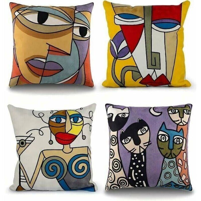 Lot de 4 Housse de Coussin Picasso 45x45 cm Coton Lin Brodé Housses Coussins Canapé Décoration Salon Scandinave Chambre Lit Fauteui