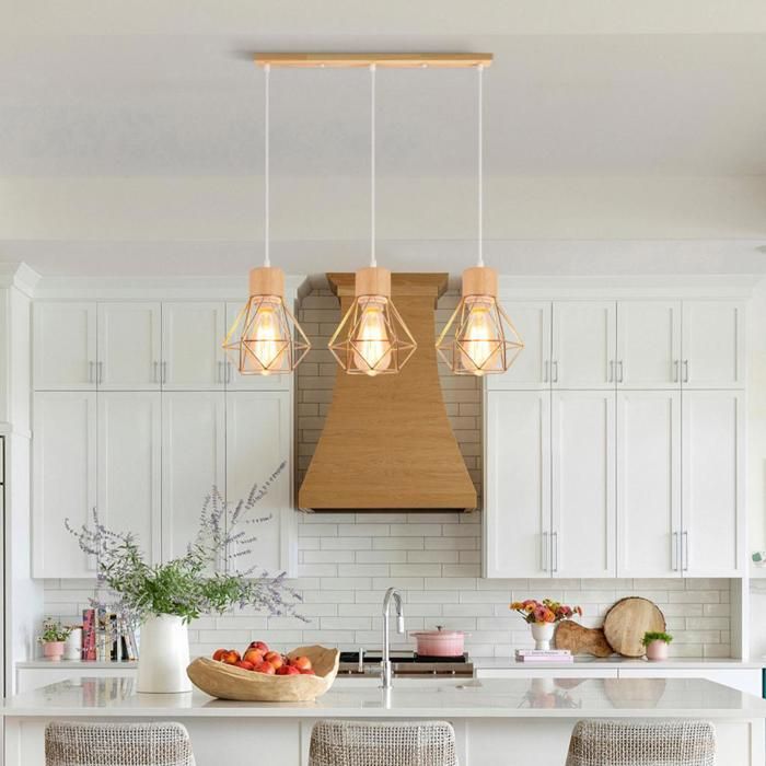 Lustre - 3 lampes suspension barre bois - Cage dorée - Douilles E27 - Style rétro vintage