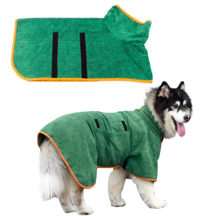 Serviette pour chien peignoir en microfibre à séchage rapide et super absorbant avec col et taille réglables (vert)