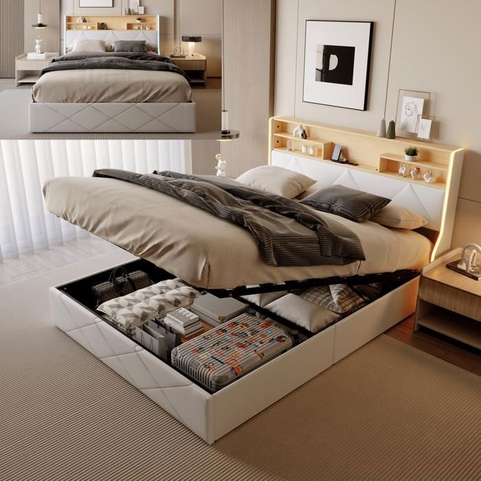 Lit Coffre 140x200 cm avec Sommier LED et USB Lit adulte 140x200 cm avec tête de lit rangement Cuir PU Blanc