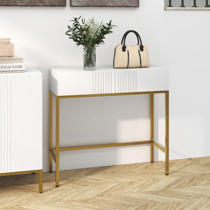 Table console console meuble avec 2 tiroirs base en acier avec pieds antidérapants 80 x 315 x 75 cm blanc