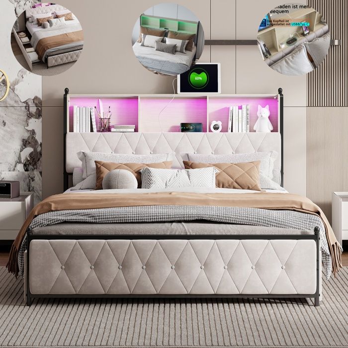 Lit 160x200 - KILISKY - Double avec Sommier à Lattes - 4 Tiroirs - LED et USB intégrés