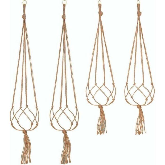 Suspension macramé pour plantes - ZOR® - Lot de 4 - 2 pièces 105 cm - 2 pièces 90 cm - 4 pieds - Jute naturel Suspension macramé pour plantes - ZOR® - Lot de 4 - 2 pièces 105 cm - 2 pièces 90 cm - 4 pieds - Jute naturel