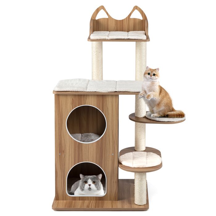 Meilleurs prix pour Arbre à Chat Multi-Niveaux en Bois COSTWAY Niche Poteaux en Sisal Plateformes Coussins Amovibles Lavables Large Base Naturel