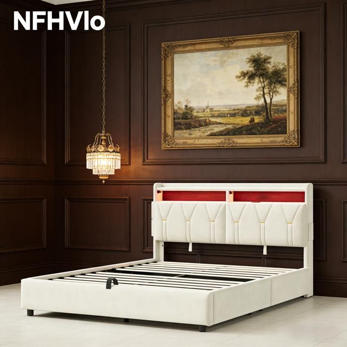 NFHVlo Lit rembourré 160 x 200 cm lit double avec rangement hydraulique avec fonction de chargement USB et éclairage LED