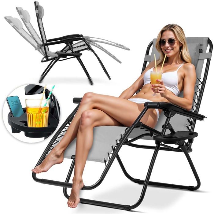 Chaise longue de jardin pliable - Sofotel - Coussin inclus - Gris - 110x102x60 cm - Textilène imperméable
