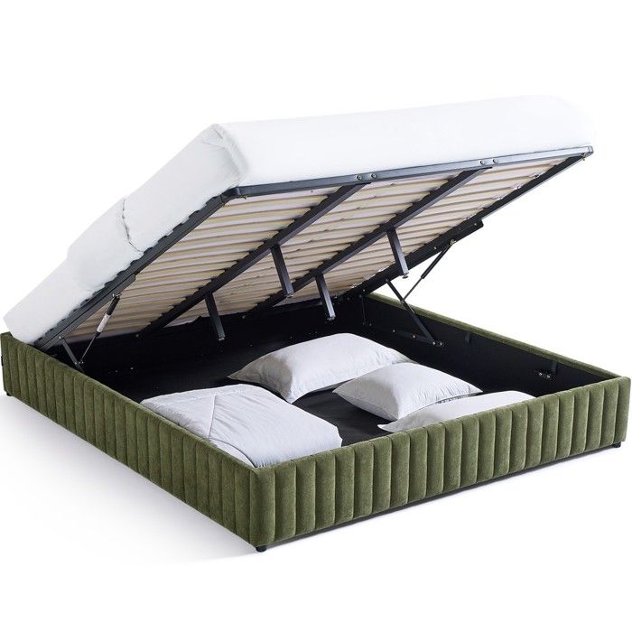 Lit coffre adulte 180x200 cm en tissu chenille vert kaki - Balto