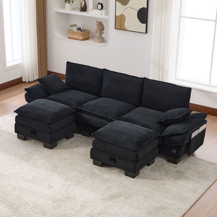 Canapé dangle - SOGEU - Modulable 3 places velours côtelé - Gris - 2 poufs coffre - Port USB
