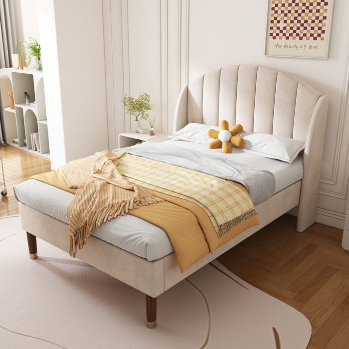 Lit capitonné 90 x 200 cm en velours beige avec tête de lit et sommier
