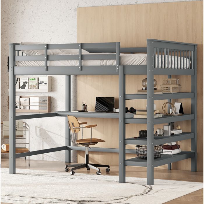Lit mezzanine enfant/ados 140x200cm avec bureau et 4 étagères sans matelas gris