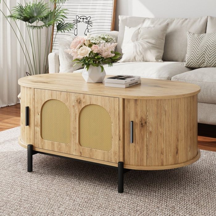 Table basse ovale 100x50x40cm - Portes coulissantes en rotin et pieds métal - Design scandinave avec grand rangement - Naturel