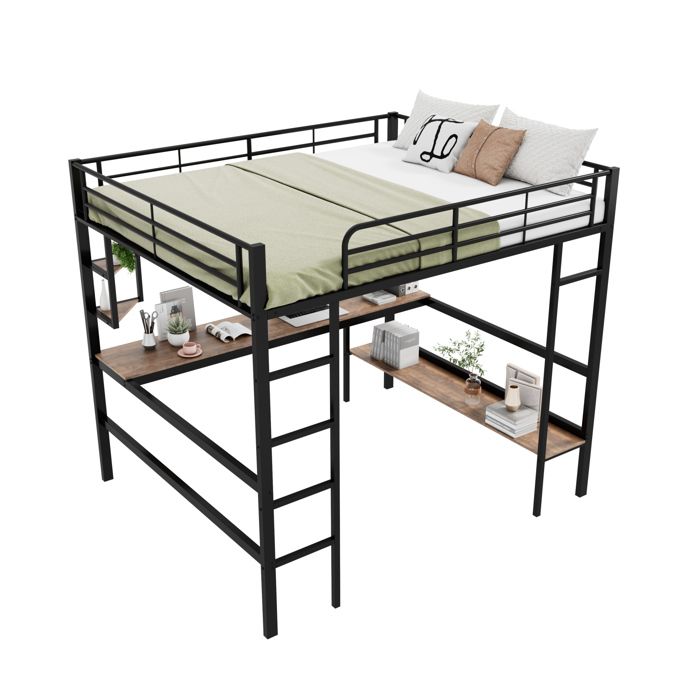 Lit surélevé 140x200 métal avec bureau et 5 rangements 4 petits + 1 grand design fonctionnel noir sans matelas