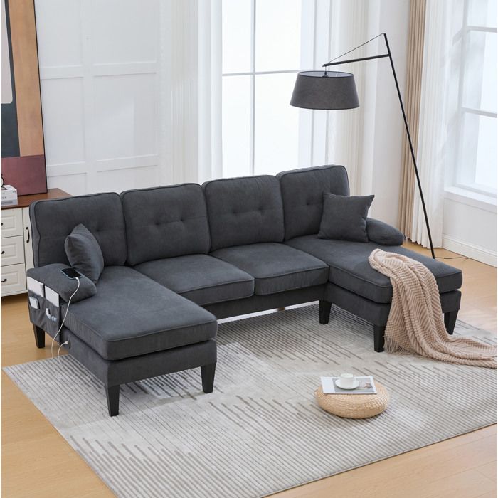 Canapé d’angle moderne 4 places en lin gris foncé dossier contemporain pieds solides et coussins moelleux