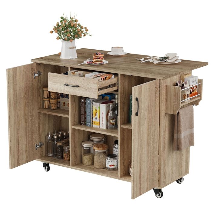 Desserte Cuisine avec Plan de Travail Pliant îlot Central Cuisine à Roulettes Chariot de Service avec 2 Portes 120x43.5-67.5x92.9cm