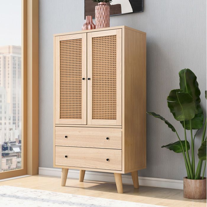 Buffet haut 60 cm 2 portes 2 tiroirs aspect chêne avec rangement rotin tressé et pieds en bois ORVRYN