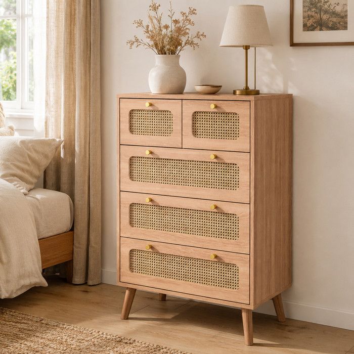Commode 5 Tiroirs Rotin Cannage UTTQEW Meuble de Rangement Chambre Bois Clair 60x34x91 cm Chiffonnier avec Pieds Anti-Basculement