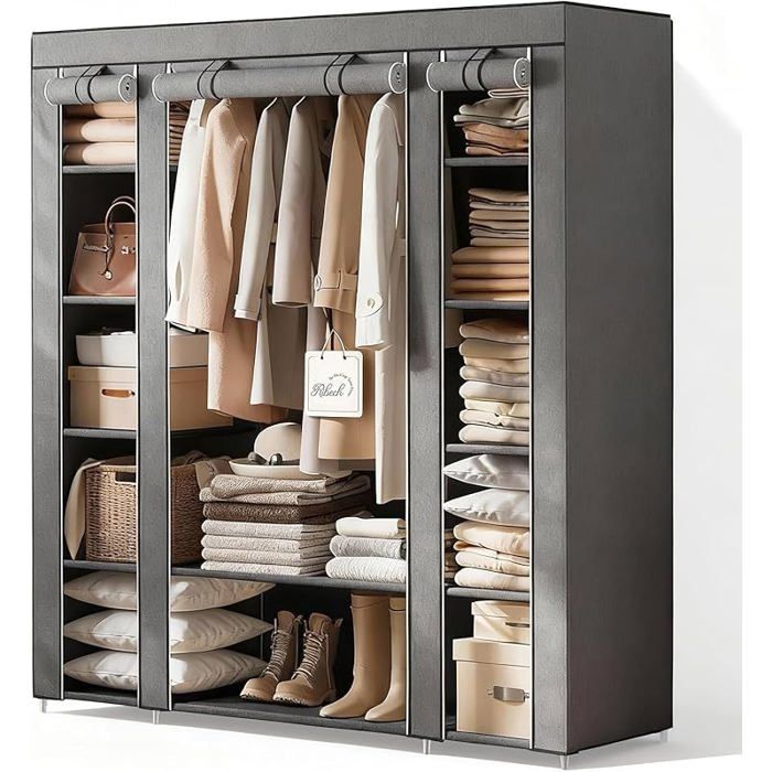 Armoire en Tissu 45 x 150 x 175 cm Cadre en métal avec Housse Anti-poussière Non tissée Tringle à vêtements Gris PENDERIE SOUPLE