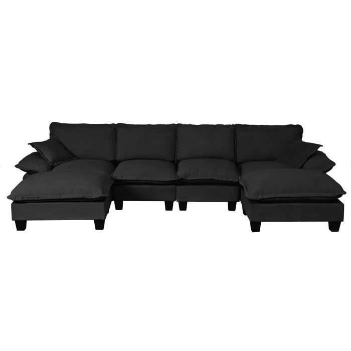 VLIVRA Canapé panoramique en U 6 places modulaire avec ottomanes mobiles et accoudoirs amovibles en chenille noire 323 × 151 × 90 cm