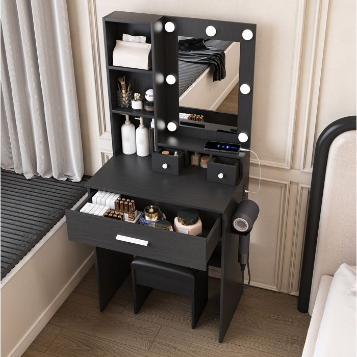 Coiffeuse avec miroir LED 3 modes prise intégrée support sèche-cheveux et tabouret noir 60 x 38 x 1315 cm