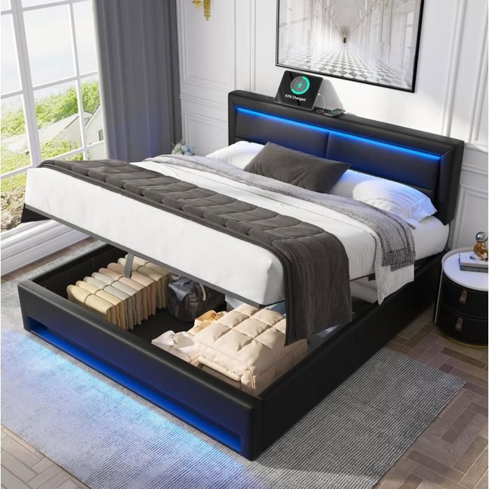 Lit coffre 140 x 190 cm avec USB charge sans fil LED rangement sous lit en PU noir sans matelas