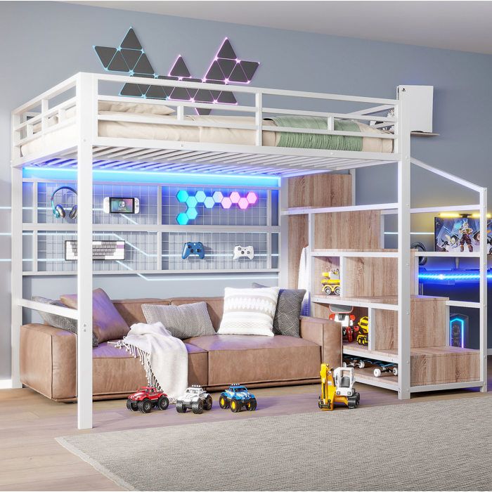JOINERY lit mezzanine adulte rangement 140 x 200 cm metal MDF blanc escalier de rangement grille suspension LED 7 couleurs