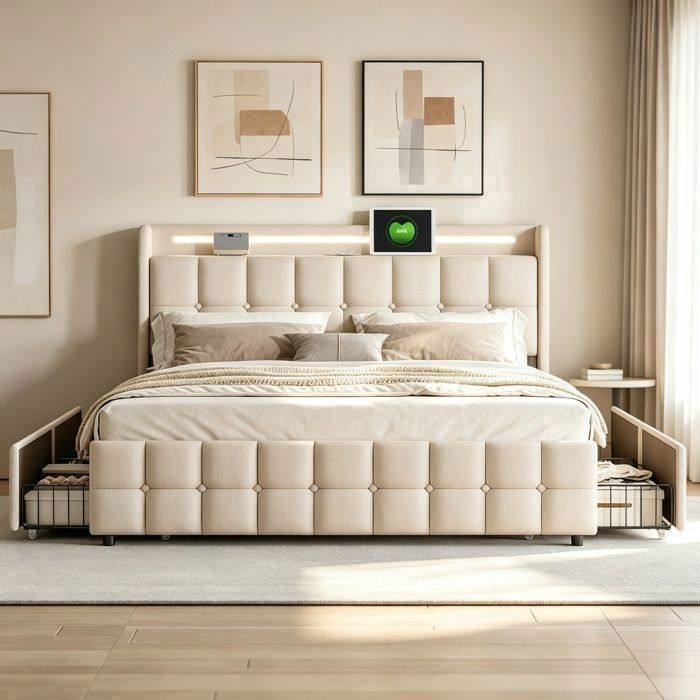 Lit 160x200 cm avec Sommier et 4 Tiroirs de Rangement lit 160x200 avec Tête LED et USB tissu en lin beige